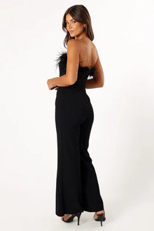 Bandeau Ostrich Feather Trim Bodycon Flare Leg Jumpsuit