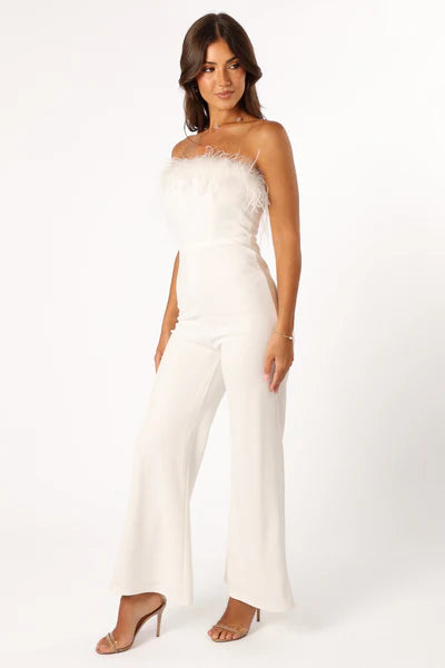 Bandeau Ostrich Feather Trim Bodycon Flare Leg Jumpsuit