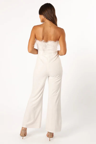 Bandeau Ostrich Feather Trim Bodycon Flare Leg Jumpsuit