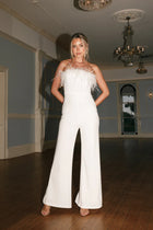Bandeau Ostrich Feather Trim Bodycon Flare Leg Jumpsuit