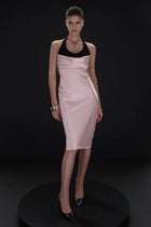 Halter Black-and-Pink Paneled Satin Midi Dress