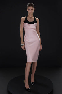 Halter Black-and-Pink Paneled Satin Midi Dress