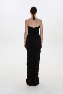 Strapless Front-Center Ruched Slit Black Evening Gown
