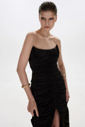 Strapless Front-Center Ruched Slit Black Evening Gown