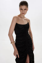 Strapless Front-Center Ruched Slit Black Evening Gown