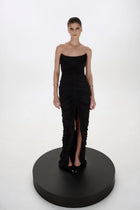 Strapless Front-Center Ruched Slit Black Evening Gown