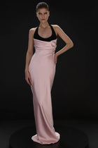 Halter Black-and-Pink Paneled Satin Maxi Dress