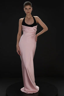 Halter Black-and-Pink Paneled Satin Maxi Dress