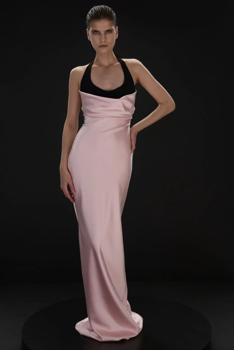 Halter Black-and-Pink Paneled Satin Maxi Dress