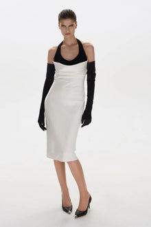 Halter Black-and-White Paneled Satin Midi Dress
