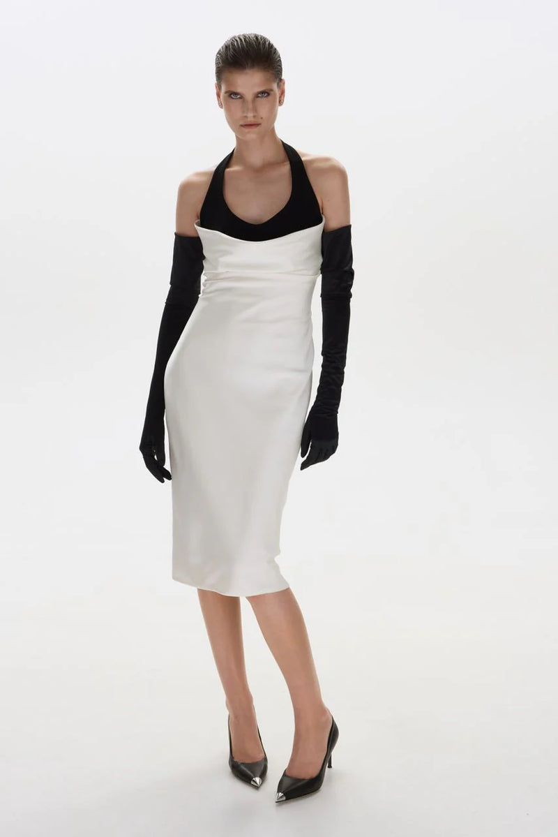 Halter Black-and-White Paneled Satin Midi Dress