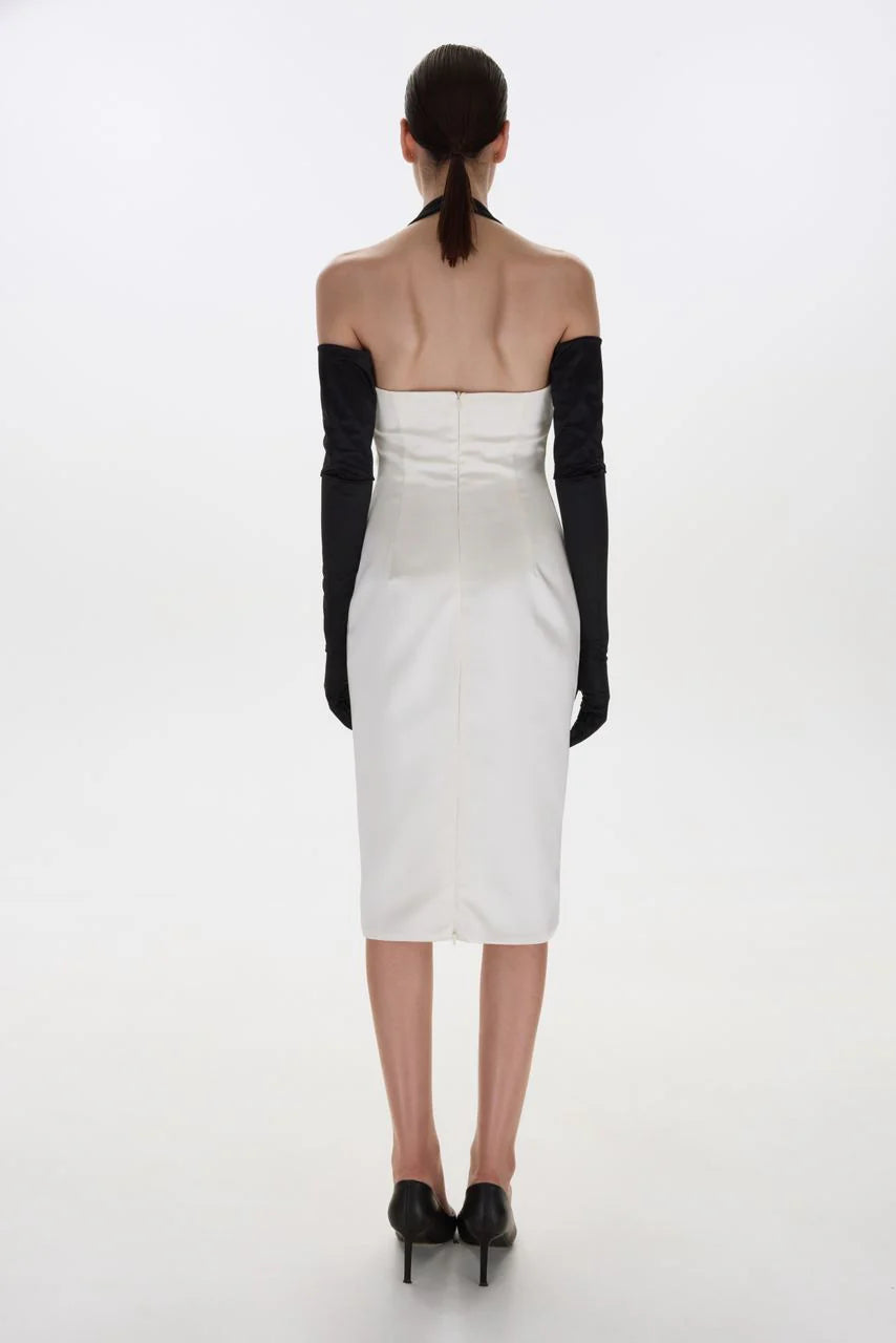 Halter Black-and-White Paneled Satin Midi Dress