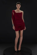 One-Shoulder Bandeau-Style Ruched Mini Red Evening Dress
