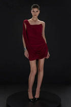 One-Shoulder Bandeau-Style Ruched Mini Red Evening Dress