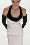 Halter Black-and-White Paneled Satin Midi Dress