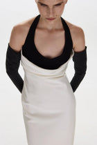 Halter Black-and-White Paneled Satin Midi Dress