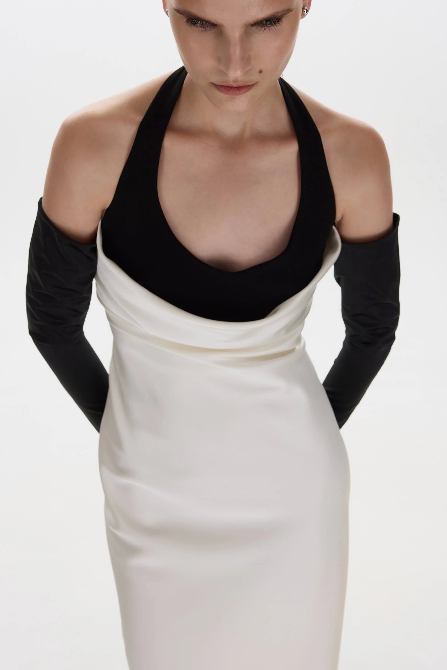 Halter Black-and-White Paneled Satin Midi Dress