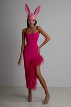 Strapless Feather-Trim Side-Slit Bodycon Dress