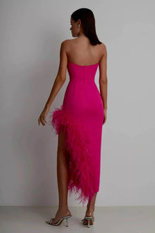 Strapless Feather-Trim Side-Slit Bodycon Dress