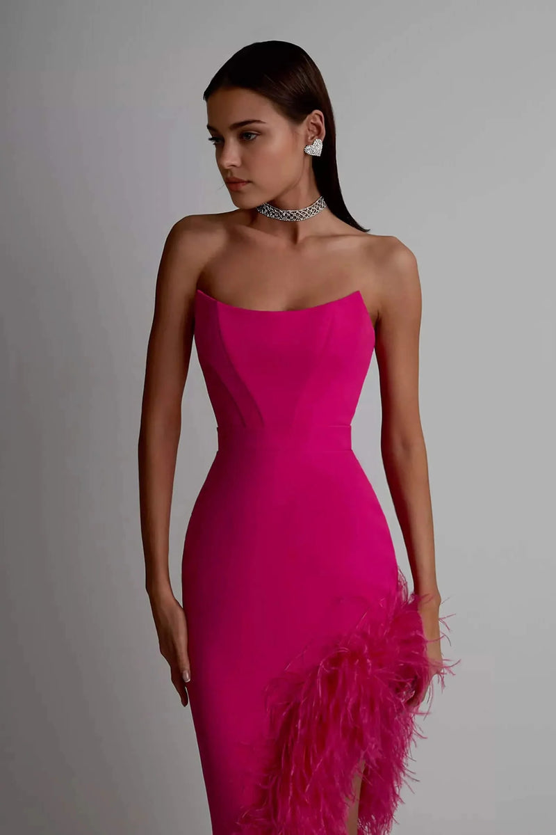Strapless Feather-Trim Side-Slit Bodycon Dress