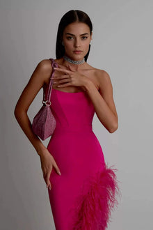 Strapless Feather-Trim Side-Slit Bodycon Dress