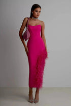 Strapless Feather-Trim Side-Slit Bodycon Dress