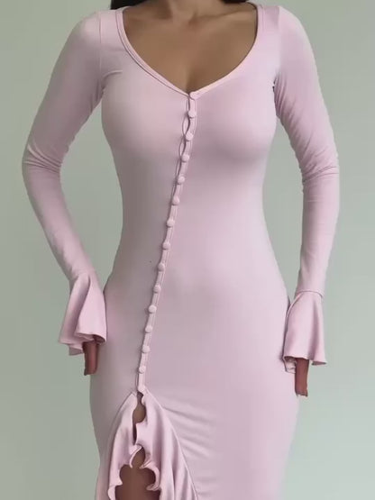 Sweetheart Neckline Long Sleeves Ruffled Cuffs Dress