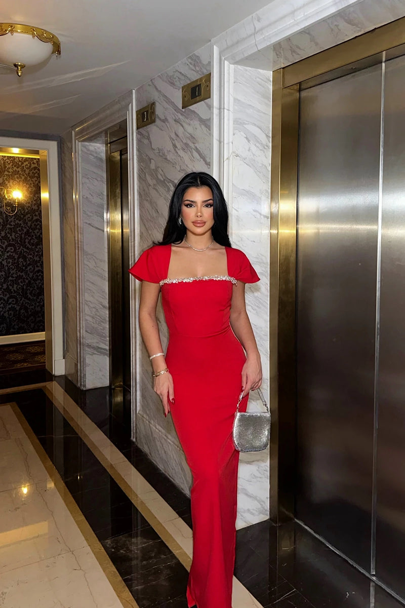 Square-Neck Rhinestone Bust and Shoulder-Drape Bodycon Maxi Dress