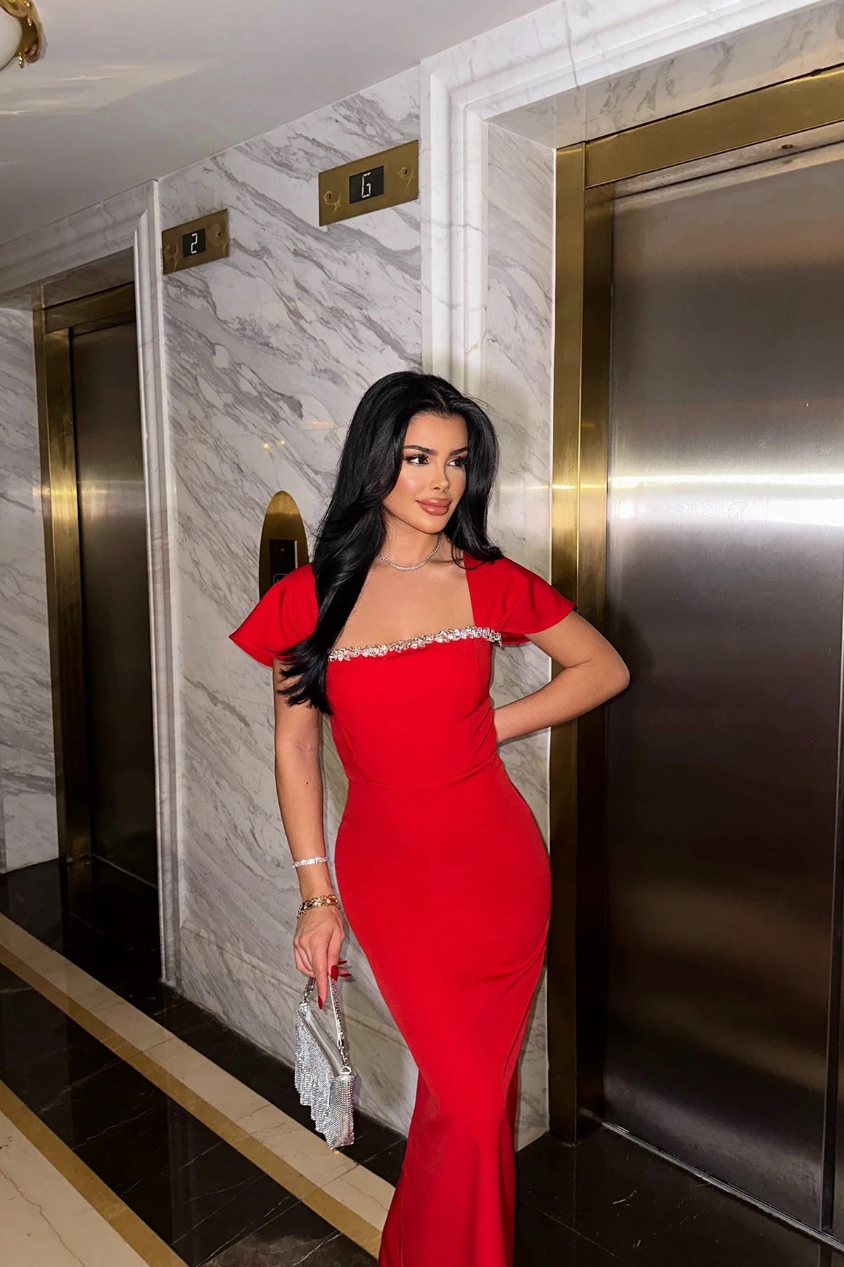 Square-Neck Rhinestone Bust and Shoulder-Drape Bodycon Maxi Dress