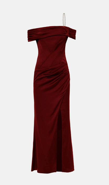 Satin Off Shoulder Diagonal Boning Maxi Dress