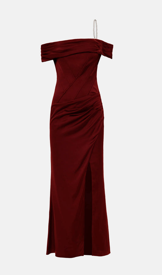 Satin Off Shoulder Diagonal Boning Maxi Dress