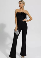 Bandeau Ostrich Feather Trim Bodycon Flare Leg Jumpsuit