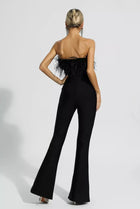 Bandeau Ostrich Feather Trim Bodycon Flare Leg Jumpsuit