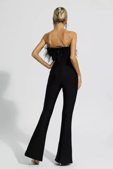 Bandeau Ostrich Feather Trim Bodycon Flare Leg Jumpsuit