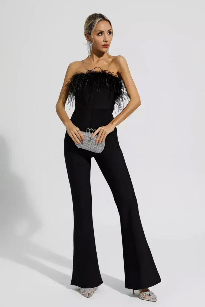 Bandeau Ostrich Feather Trim Bodycon Flare Leg Jumpsuit