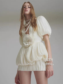 Mesh V-Neck Lantern-Sleeve Ruched Bubble Dress with 3D Floral Appliqué