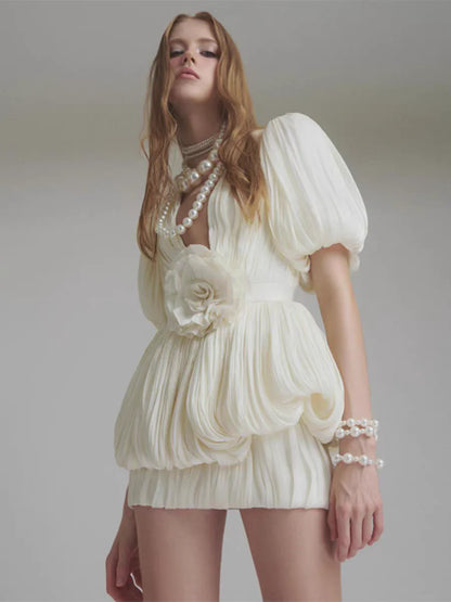 Mesh V-Neck Lantern-Sleeve Ruched Bubble Dress with 3D Floral Appliqué