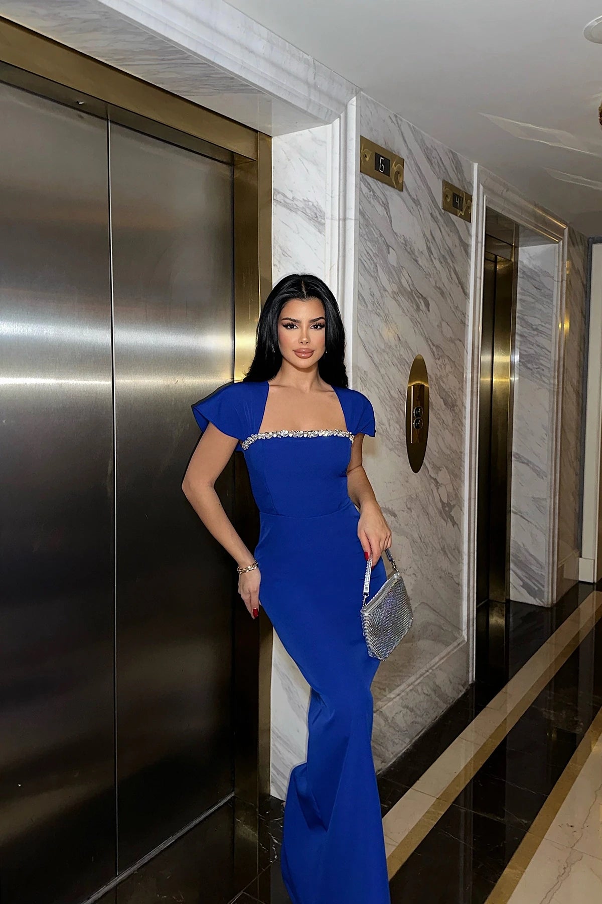 Square-Neck Rhinestone Bust and Shoulder-Drape Bodycon Maxi Dress