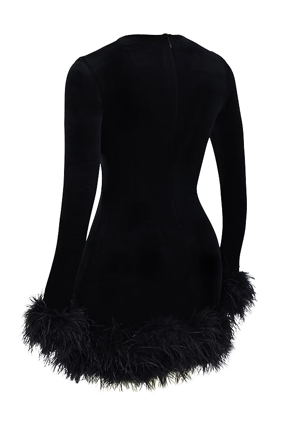Round-Neck Long-Sleeve Ostrich-Feather Velvet Dress