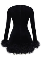 Round-Neck Long-Sleeve Ostrich-Feather Velvet Dress