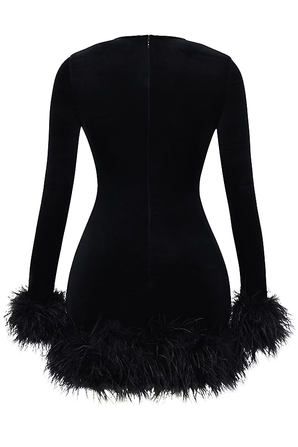 Round-Neck Long-Sleeve Ostrich-Feather Velvet Dress