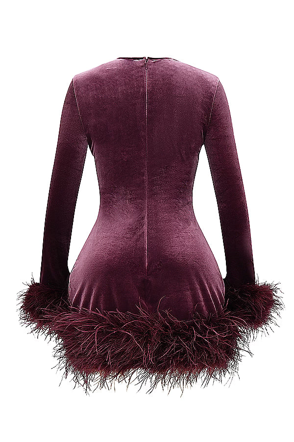 Round-Neck Long-Sleeve Ostrich-Feather Velvet Dress