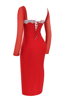 Square-Neck Long-Sleeve Corset Bodycon Dress