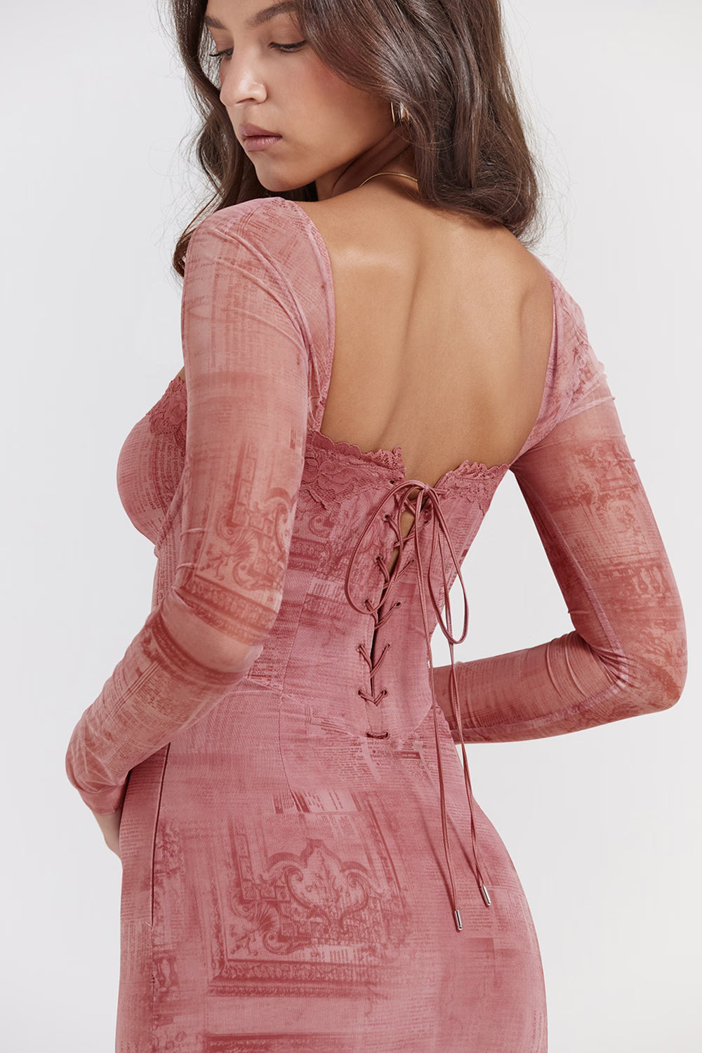 Square-Neck Long-Sleeve Corset Printed Bodycon Dress