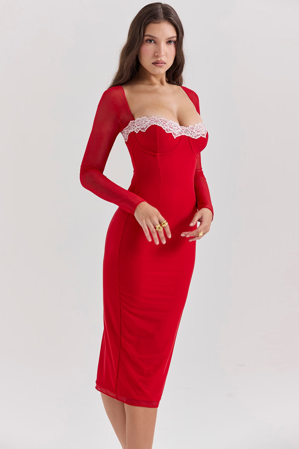 Square-Neck Long-Sleeve Corset Bodycon Dress