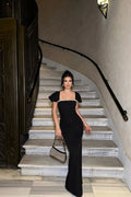 Square-Neck Rhinestone Bust and Shoulder-Drape Bodycon Maxi Dress