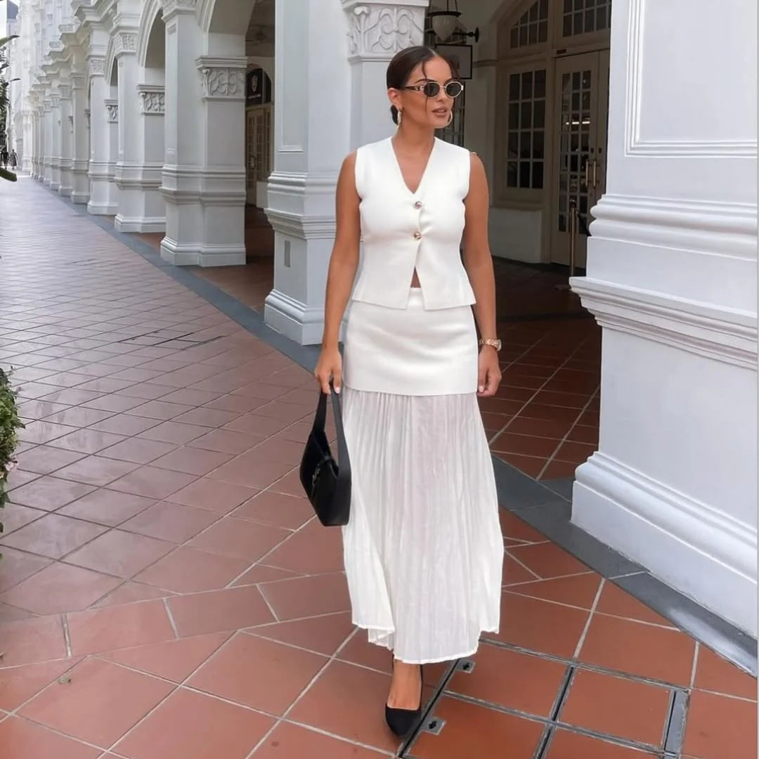 Vest-Style V-Neck Top & Mesh-Panel Skirt Set