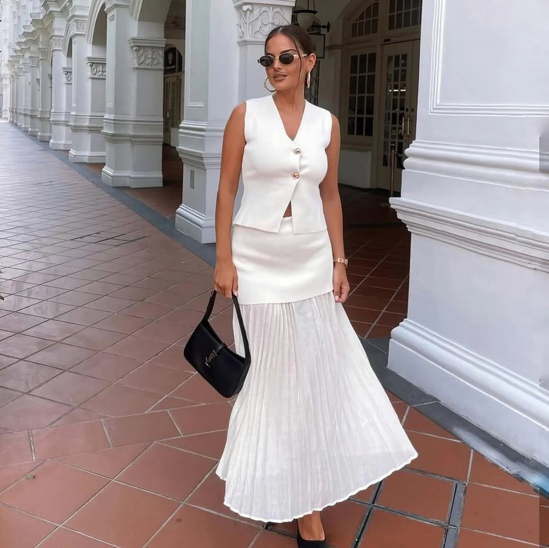 Vest-Style V-Neck Top & Mesh-Panel Skirt Set