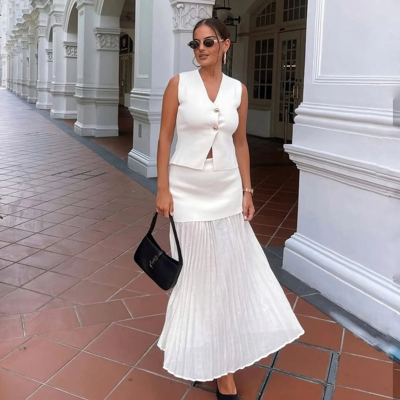 Vest-Style V-Neck Top & Mesh-Panel Skirt Set