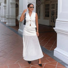 Vest-Style V-Neck Top & Mesh-Panel Skirt Set